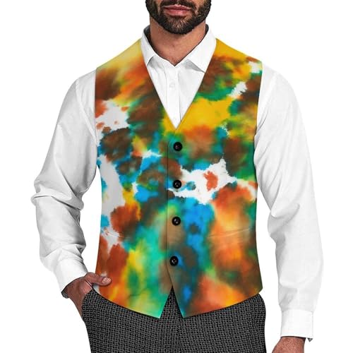 Colorful Tie Dye Green Drops Pattern Men's Suit Vest Slim Fit V-Ncek Waistcoat Business Casual Vest