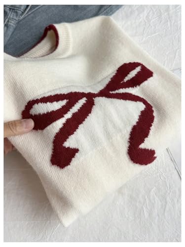 Image of BEAUDRM Girl's Bow Sweater Crew Neck Cute Sweaters Long Sleeve Knit Pullovers Sweater