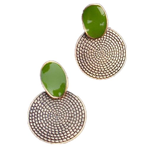 KeyZone Vintage Holiday Gift Big Drop Green Round Earrings Stud Carved Jewelry Women