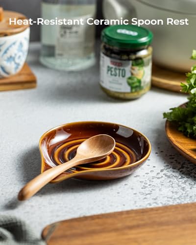 Image of LAUCHUH Spoon Rest, 5 inches Large Ceramic Spoon Rest for Stove Top Cooking Spoon Holder for Kitchen Counter Spatula Holder for Tongs, Ladle, Fork, Heat-Resistant, Dark Brown
