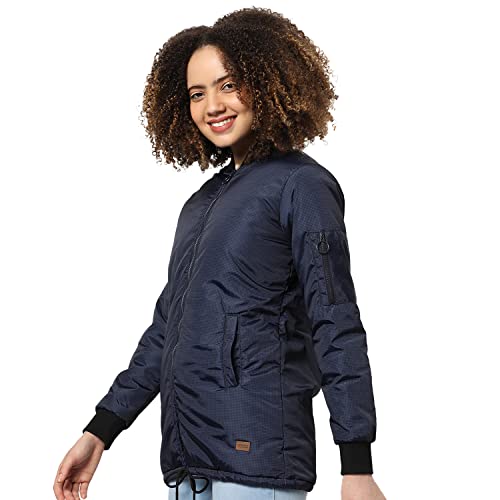 Image of PINACOLADA Women Blue Puffer Regular Fit Bomber Jacket For Winter Wear | Low-Cut Standing Collar | Full Sleeve | Zipper | Casual Jacket For Woman & Girl | Western Stylish Jacket For Women