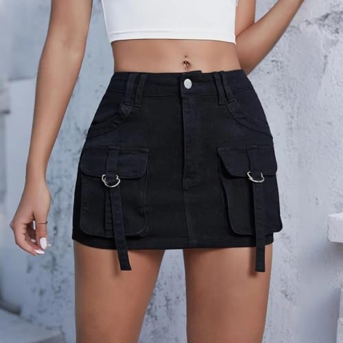Mini Jean Skirts for Women Denim Cargo Skirt Mid Rise Stretch Slim Fit Y2k Distressed Short Skirt with Mulity Pockets2