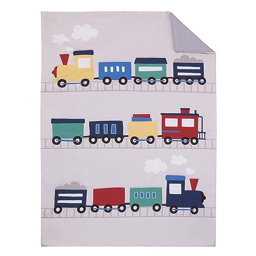 Image of Everything Kids Choo Choo Train Gray, Blue, Red, and Yellow All Aboard 4 Piece Toddler Bed Set - Comforter, Fitted Bottom Sheet, Flat Top Sheet, Reversible Pillowcase