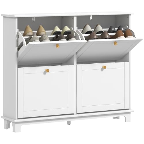 HOMCOM Narrow Shoe Storage Cabinet for Hallway, Modern Slim Shoe Cabinet with 4 Flip Drawers and Adjustable Shelves for 16 Pairs of Shoes, White