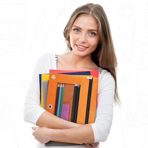 Image of Pencil Pouch for 3 Ring Binder - 3 Hole Zipper Pen Case Bag Holder Bulk Accessories Clear Window Aesthetic Organizer Pockets