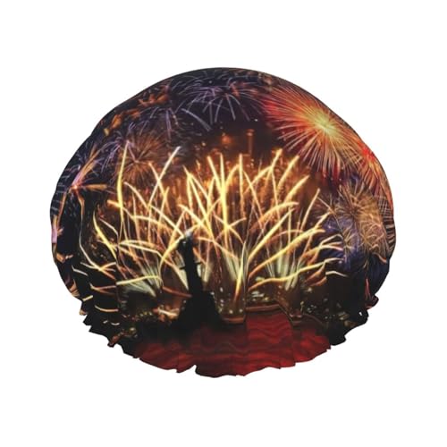 Gorro de ducha reutilizable de doble capa con estampado de fuegos artificiales, gorros de ducha grandes para mujer