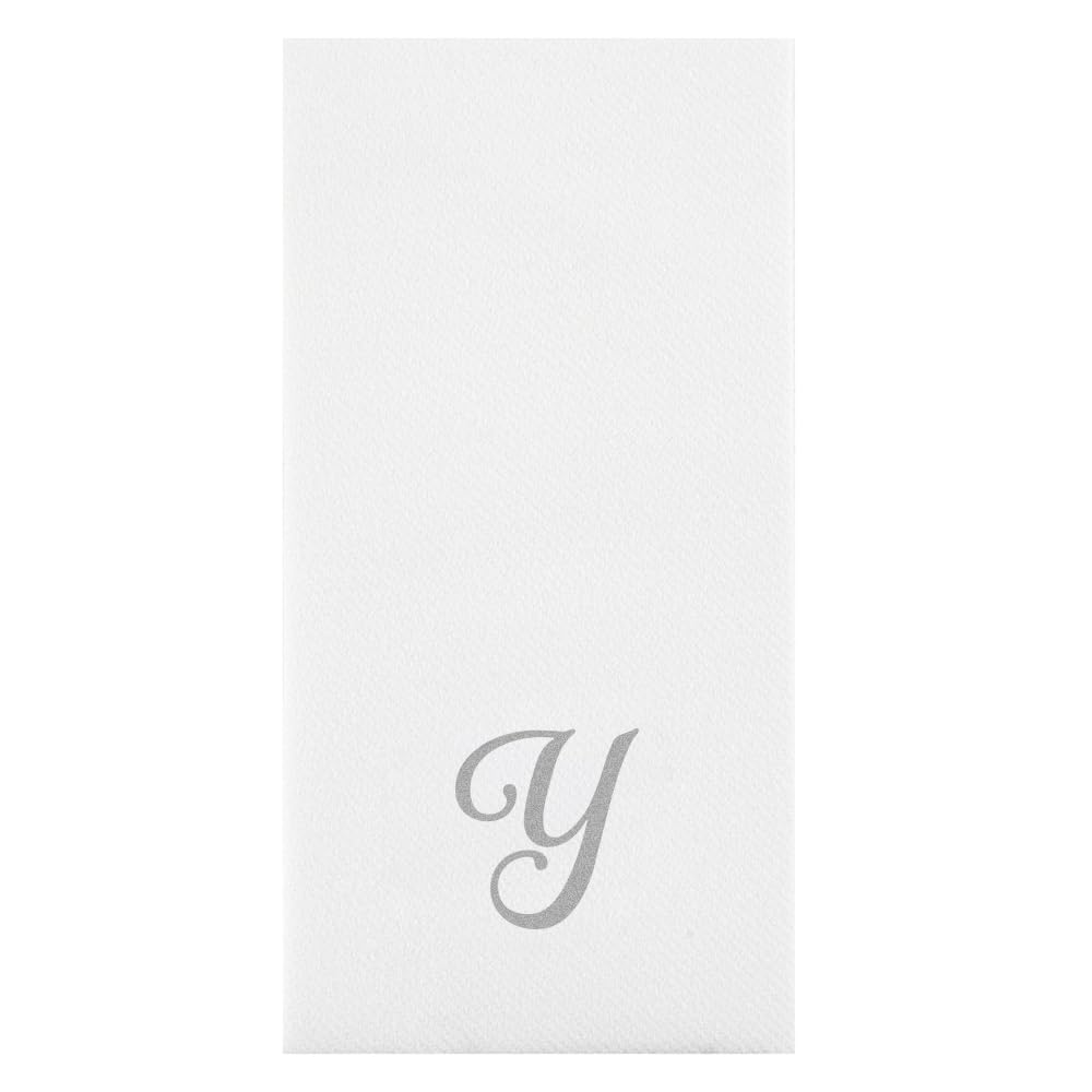 Restaurantware Luxenap - Servilleta rectangular de papel blanco con letra Y plateada, fuente cursiva, 15 3/4 x 8 pulgadas, caja de 50 unidades