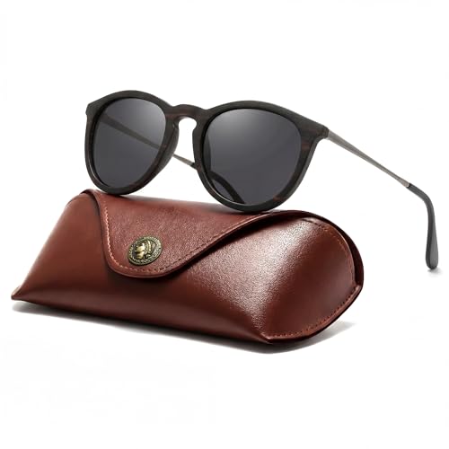 Image of SUNGAIT Rosewood Wood Sunglasses Polarized Vintage Round Sun Glasses for Women Men Classic Retro Trendy Style