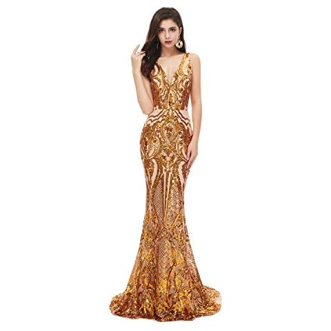 Leyidress Women's Sequin V Neck Mermaid Prom Dress Gold Sleeveless Pageant Trumpet Evening Dress Celebrity Gowns US12 Cover