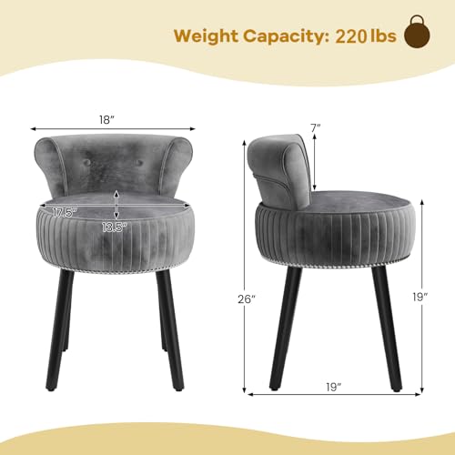 CHARMAID Velvet Vanity Chair for Bedroom, Elegant Accent Chair with Tufted Low Back, Solid Wood Legs, Upholstered Seat, Modern Makeup Stool for Dressing Room, Home Office (Gray & Black) - Thumbnail 3