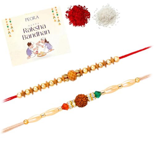 Image of Peora Rakhshabandhan Thread Rakhi for Brother Bhaiya | Kundan Beads & Crystal Studded | Combo Set of 2 | Rakhi Hamper Roli Chawal & Greeting Card