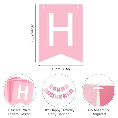 Image of Happy Birthday Banner Sign, Birthday Garland Wall Door Hanging Banners Flag for Women Men Boys Girls Party Backdrop Decorations, Personalized Name Banner White Letters Pink and Light Pink