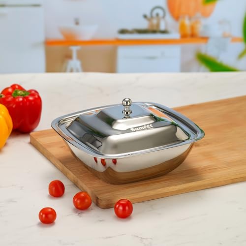 Image of Sumeet Stainless Steel Square Serving Bowl /Curry Bowl /Gravy Pot with Lid, 1250ml Capacity, 18.8cm Dia, Silver