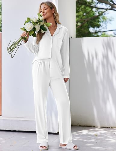 Ekouaer Womens Pajamas Set Long Sleeve Sleepwear Button Down Lounge Set 2 Pieces Soft Nightwear Lace Pjs Set4