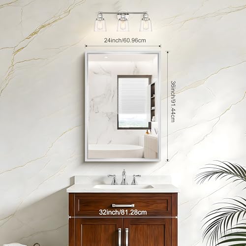 Image of Bathroom Mirror, 24 x 36 inch Brushed Silver Rectangle Mirror, 0.6 inch Thickened Deep Metal Frame Rectangular Vanity Mirror, Wall Mounted Mirror for Bedroom Living Room, Horizontal or Vertical