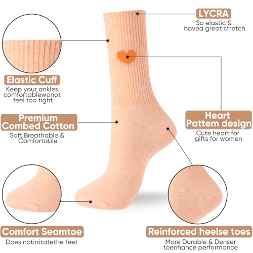 Image of Corlap Women's Cotton Crew Calf Socks - 5 Pairs Ankle High Dress Casual Socks, Fun Cute Heart Gifts for Mom Mother