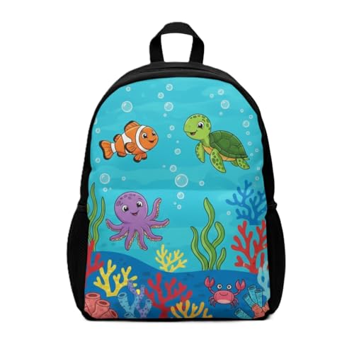 Mini Mochila Escolar Infantil Fundo do Mar, Nylon 600 Resistente, Azul com Animais Marinhos, Alças Ajustáveis, 11 x 27 x 38 cm, Tema Oceano