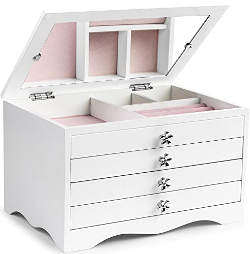 Preisvergleich Produktbild ADEL DREAM Schmuckkasten mit Glasdeckel Schmuckkästchen Damen Mädchen für Ohrringe, Halsketten, Armbänder, Uhren, Haarspange (Weiß)