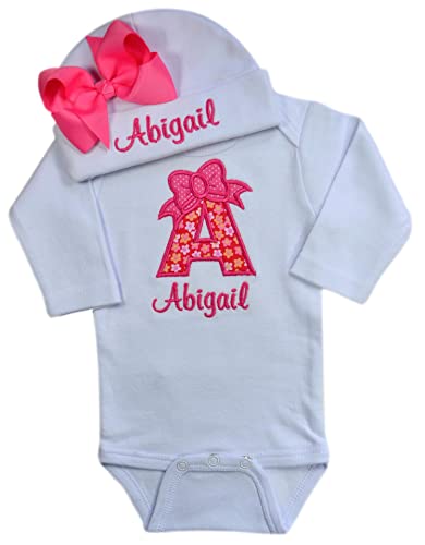 Baby Girl Embroidered INITIAL Bodysuit and MATCHING Grosgrain Bow Hat Personalized with Your Custom Name