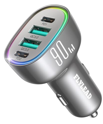 Car Charger USB C, 4 Port 90W Super Fast Charging for iPhone 17 Car Adapter, Dual PD 45W Type C & QC 3.0 USB A Multiport Car Cigarette Lighter Accessories for iPhone 16 15, iPad, Galaxy S26, Titanium