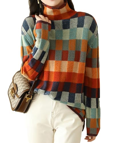 Image of CORIRESHA Women's Multicolor Checkered Turtleneck Long Sleeves Knit Casual Cozy Lazy Color Block Sweater