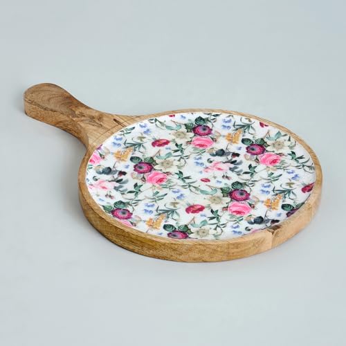 Image of SAAGA Red Violet Mango Wood Pizza Serving Tray - Stylish Round Snack Plate (15x10 Inch) for Kitchen, Home, Cafes & Restaurants