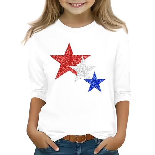 Girls 4Th of July Shirt 3/4 Length Sleeve Round Neck Kids American Flag USA Shirts Top Patriotic Clothes