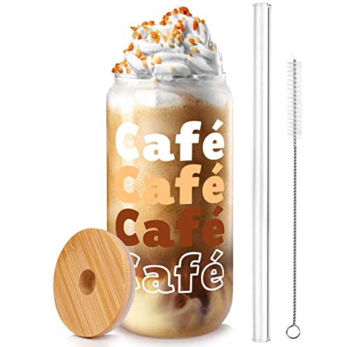 ANOTION Tasse à café avec couvercle et paille, 500ml tasse à café avec couvercle en bambou tasse à boire réutilisable pour l'Agence de voyage thé glacé à la maison Cover