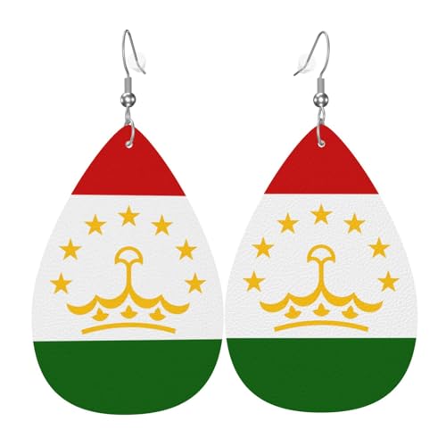 Boucles d'oreilles pendantes en cuir imprimé drapeau du Tadjikistan en forme de larme, bijou accrocheur, idée cadeau de vacances pour elle, taille unique, cuir, pas de pierre précieuse, cuir, pas de