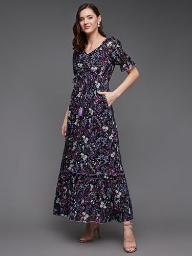 Image of Miss Chase Women's Multicolored-Base-Brown Relaxed Fit Maxi Lurex Chiffon Dress