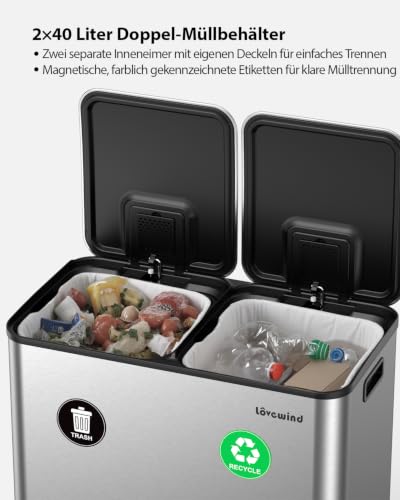lovewind Mülleimer Küche 80L, 2 x 40L Mülltrennsystem mit 2 Fächern, Edelstahl Tretmülleimer mit Soft-Close Deckel… – Ansicht 3