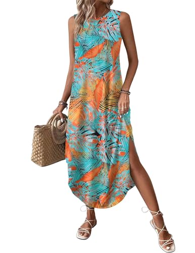 Zeagoo Women Floral Summer Casual Beach Printed Tank Dress with Pockets Pleated Front Long Dress