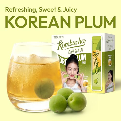Image of TEAZEN Korean Plum Kombucha Tea, Electrolyte & Hydration Drink Mix, Sugar Free, Live Probiotics & Prebiotics, On-the-Go 30 Packets, 5.29oz