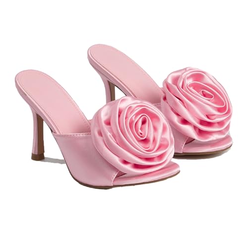 Women's Satin 3D Flower Pointed Toe Kitten Heel Sandals Mules Fashion Fish Mouth Slip On Non-Slip Dress Stiletto Sandals for Prom Party Wedding Sexy Satin Pumps