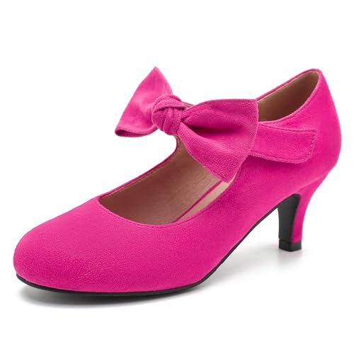 Enelauge Women's Bow Mary Jane Pumps Low Kitten Heels Round Toe Ankle Strap Wedding Office Work Dress Evening Party Shoes