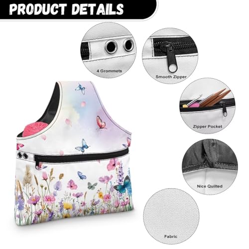 Image of ZUXONGSY Wildflower Yarn Storage Bag for Women Butterfly Knitting Project Bag Vintage Knit Wrist Bag Lightweight Crochet Organizers and Storage