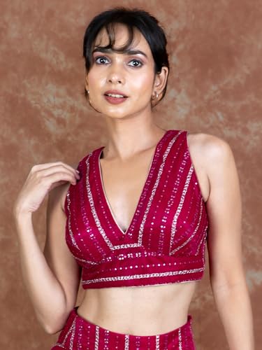 Image of FIGURE'S DESIGNER Women's Sequin Embroidered SabyaSachi Cut V Neck Sleeveless Readymade Saree Blouse E24