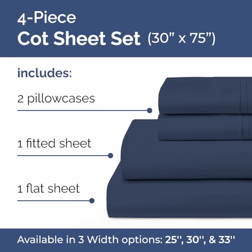 Image of Cot Sheet Set, 30 inch x 75 inch - Easy-Fit Cot Size Mattress Sheets - Navy Blue | Ideal for Narrow Twin, Camper Bunk, RVs, Twin Bunks, Day Care & Camping Cots, Cot Size Fitted Sheet fits 6 inch to 10 inch Mattresses