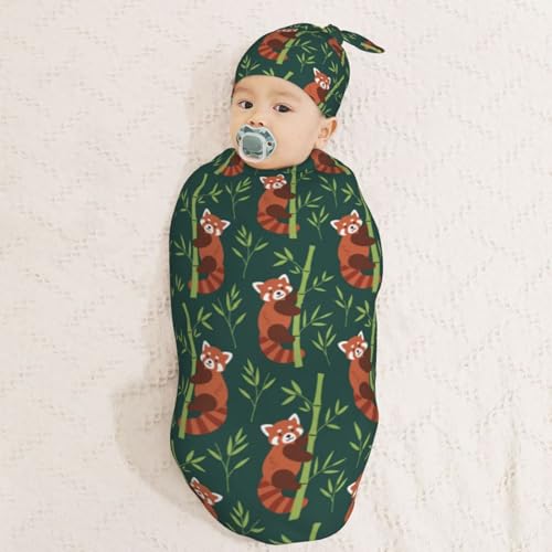 Image of Cute Red Panda Newborn Swaddle Blankets Hat Sets Soft Baby Receiving Blanket Swaddle Sack for Baby Shower Infant Boy Girl Gift
