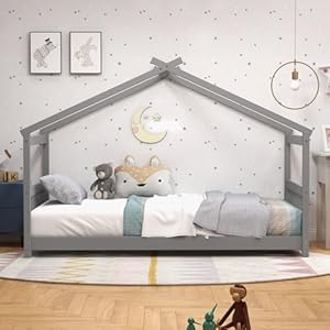 KOMFOTT Twin Wood House Bed for Kids, Low Profile Floor Bed Frame with Roof, Headboard & Footboard, Tent Bed for Toddlers, Boys & Girls, Wood Montessori Bed, No Box Spring Needed (Grey) KOMFOTT Twin Wood House Bed for Kids Low Profile Floor Bed Frame with Roof Headboard Footboard Tent Bed for Toddlers Boys Girls Wood Montessori Bed No Box Spring Needed Grey