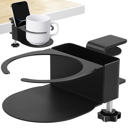 Desk Cup Holder for Coffee Mugs, Tumblers, Water Bottles with Mobile Phone Stand, Anti-Spill Metal School Home Office Accessories (Black-1)
