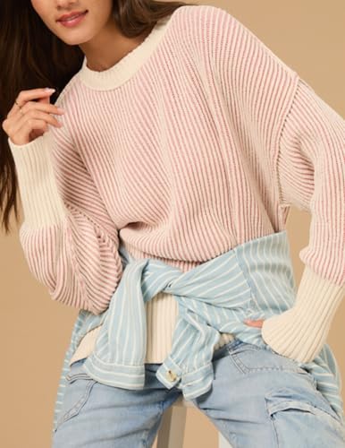 Image of Zeagoo Women 2026 Fall Lightweight Oversized Sweater Crew Neck Long Sleeve Color Block Pullover Rib Knit Blouse Tops XS-2XL