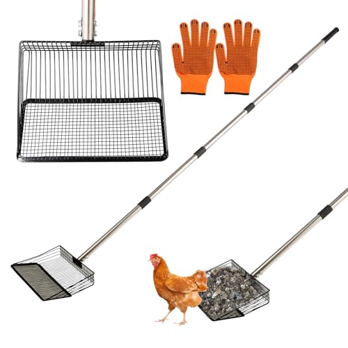 Image of 10inch Large Metal Chicken Poop Scooper, 36 inch to 75 inch Long Chicken Coop Litter Scoop with Stainless Steel Adjustable Handle, 4 in 1 Detachable Litter Sifting Shovel Scoop for Chicken Coop Accessories