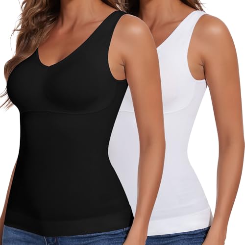 Image of JOYSHAPER Women Shapewear Tops with Padded Bra Camisole Shapewear Tank Tops | V-Neck Cami Shaper, Tank Tops With Built In Bras, Compression Tank Tops, Tummy Control Shapewear Camisoles,Daily Wear Tops
