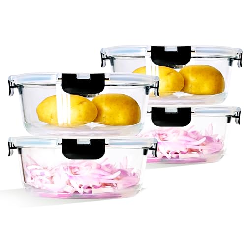 IUGHN 1300ml Large Glass Food Containers With Lids, Set of 4, Round Meal Prep Containers Glass, for Chefs to Store Food Kitchen Containers With Lids for Storage