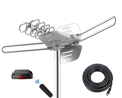 Outdoor Digital Amplified HDTV Antenna, 150 Mile Motorized 360 Degree Rotation, Wireless Remote Control, 59FT RG6 Coax Cable, Coaxial, UHF VHF 1080P 4K, Support 2 TVs