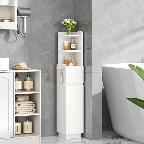 HEXCELEN Meuble de Salle de Bain, Armoire de Salle de Bain d'angle, Armoire de Toilette, 20 x 20 x 98 cm, Étagères Réglables, 1 tiroir et 2 Compartiments...