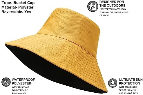 Alexvyan Women Polyester Yellow-Black Bucket Cap Hats Reversible UV & Sun Protection Wide Brim Summer Caps Hat UV Protection Breathable Casual Beach, Large