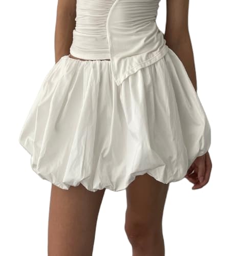 NUFIWI Women Y2k Bubble Skirt High Elastic Waist Ruffle Flared Mini Skirts Layered Pleated Balloon Short Skirts(B White Flare 14,X-Large)