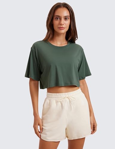 Image of CRZ YOGA Pima Cotton High Neck Crop T-Shirt | Workout, Naturally Soft, Loose Fit, Short Sleeve Tops for Women